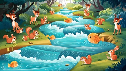 Obraz premium whimsical river adventures; a journey through vibrant cartoon landscapes featuring magical forests lush valleys enchanted cretures and serene countryside scenes with riverflowing through fantasy world