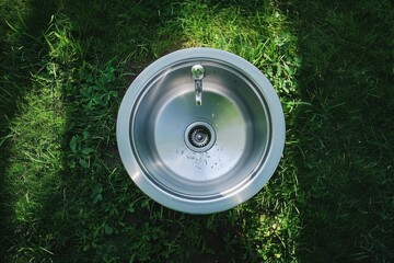 A stainless steel sink on grass under natural light during the day