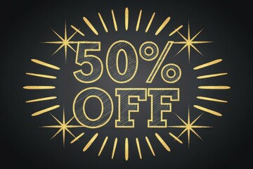 50% OFF Bold Discount Sale Illustration Gold Stars Dark Background - Eye-Catching Black Friday Holiday Promotion Graphic Retail Advertising