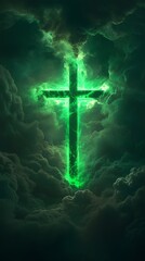 Naklejka premium Glowing green cross surrounded by storm clouds