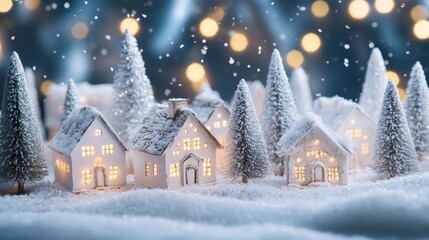 Fototapeta premium Tiny white houses, snow-covered trees, and sparkling lights create a cozy winter village. A perfect Christmas scene!