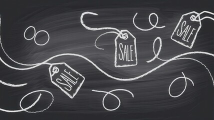 Chalkboard Sale Tags Discount Promotions Black Background - Creative Marketing Materials Retail Sales Events, Black Friday, Holiday Promotions