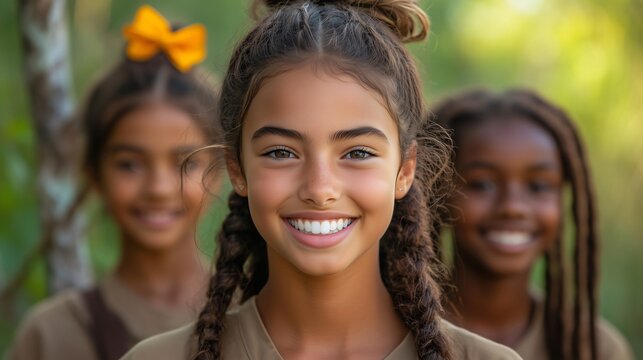 Portrait of a girl scout smiling with friends in the background