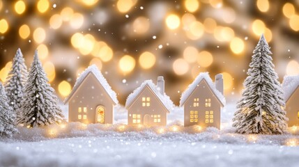 Naklejka premium Tiny white houses, snow-covered trees, and sparkling lights create a cozy winter village. A perfect Christmas scene!