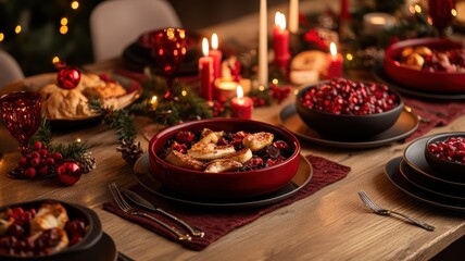 Inviting Christmas dinner table adorned with deep red, burgundy, and golden accents, warm lighting, and festive decorations, creating a rich and comfortable holiday mood. Christmas dinner