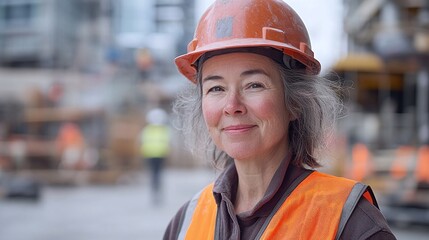 experienced woman working on a construction site wearing safety gear and a work vest confidently smirking while taking on her manual labor duties
