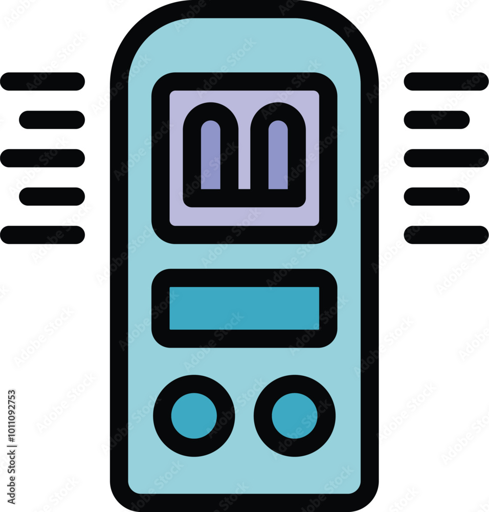 Poster electronic device emitting sound waves, featuring control buttons and a display screen, representing