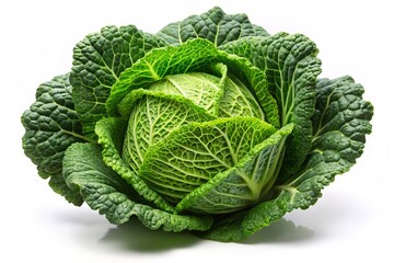 Fototapeta premium Fresh green cabbage displayed against a white background, perfect for promoting healthy eating, organic food, and
