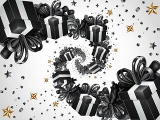 Fototapeta premium Spiral Black White Gift Boxes Stars Confetti - Perfect Holiday Promotions, Black Friday Marketing, Festive Celebrations