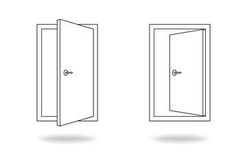Two doors graphic icons. Open doors signs isolated on white background. Entrance or exit symbols. Vector illustration