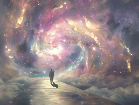 A dreamer consciously walking through a vivid dream, guided by an experienced lucid dream coach.