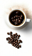 Obraz premium espresso coffee with beans and ground on a white table, top view