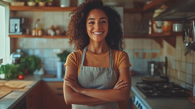 proud homemaker smiling and standing in her modern kitchen showing off the clean and organized space in a comfortable and relaxed home setting