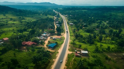 A road with a few houses and a truck in the middle of it. The road is surrounded by trees and the sky is cloudy