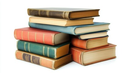 A stack of books against a plain white backdrop.