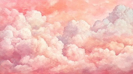 Fototapeta premium Pastel pink watercolor cotton cloud background with soft dreamy texture, ideal for fantasy-themed designs, sky-inspired art, and whimsical digital creations, perfect for inviting and serene atmosphere