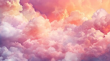Fototapeta premium Pastel pink watercolor cotton cloud background with soft dreamy texture, ideal for fantasy-themed designs, sky-inspired art, and whimsical digital creations, perfect for inviting and serene atmosphere