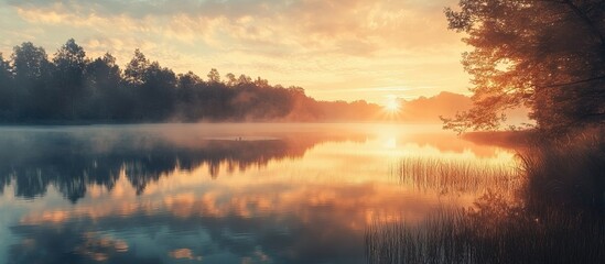 Sunrise over a Misty Lake