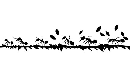 Ants march in a line, carrying small pieces of leaves toward their underground nest, vector illustration art