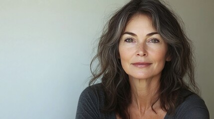 Naklejka premium gorgeous mature woman with radiant skin isolated on white demonstrating her commitment to healthy facial care and middle-age skincare essentials
