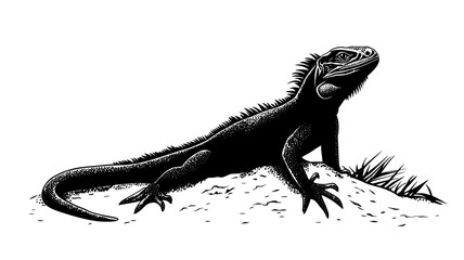 Fototapeta premium Female iguana guarding a nest site in the sand, vector illustration art