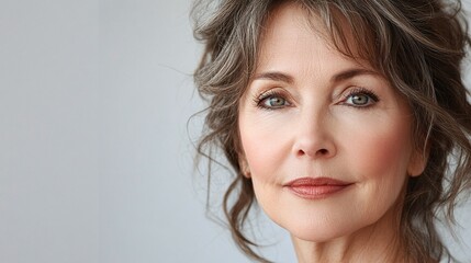 Naklejka premium gorgeous mature woman with radiant skin isolated on white demonstrating her commitment to healthy facial care and middle-age skincare essentials