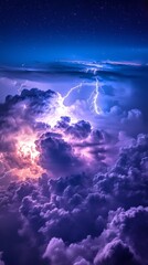 Lightning striking through dramatic storm clouds at night