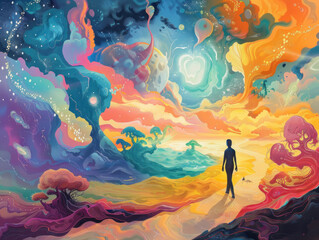 A dreamer walking through a surreal landscape where creativity and dreams blend together into art and music.