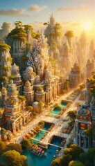 Ancient Thai temple bathed in Christmas lights, a panorama of the city at night