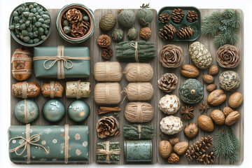 Eco-friendly materials for wrapping Christmas gifts are on a table.