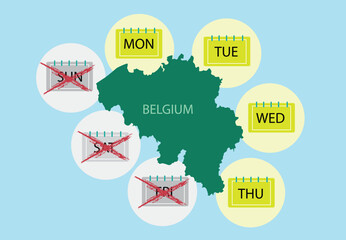 Belgium with 4 days only work week and 3 days weekend. Editable Clip Art.