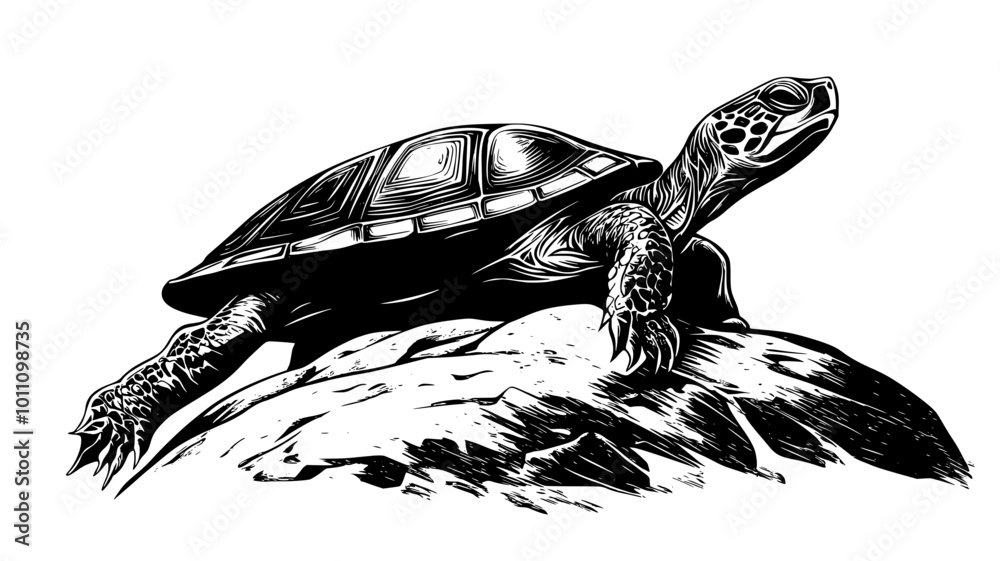 Wall mural Pond slider turtle climbing onto a rock to bask, vector illustration art