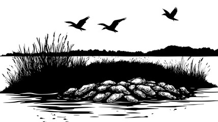 Oyster bed exposed at low tide with seabirds feeding nearby, vector illustration art