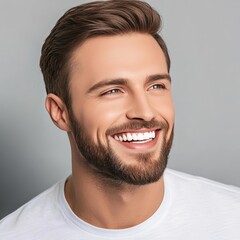 Obraz premium Portrait of a Young Man, Close-up View. Handsome Guy with White Teeth Smiling on Gray Background.