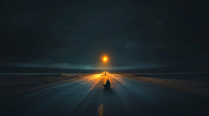 Silhouette of a Person Sitting on a Road in the Darkness with a Single Street Light