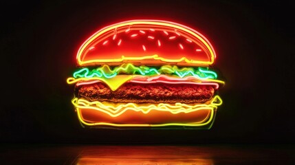 Neon sign representing a tasty burger glowing in the dark