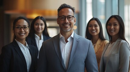 Fototapeta premium confident business team standing with their leader in a corporate office setting highlighting collaboration leadership and professional success in the company