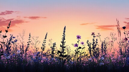 Vibrant Wildflowers Against a Colorful Sunset Sky