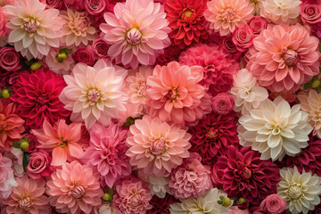 Lush dahlias of different colors create a bright background. Close-up. Beautiful background of flowers. Advertising banner. © alsu0112