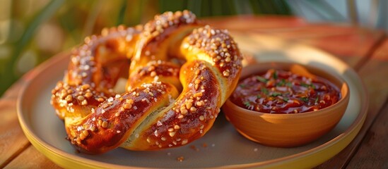 Freshly Baked Twisted Pretzels with Savory Dipping Sauce a traditional German snack or appetizer often enjoyed during Oktoberfest or as a homestyle bakery treat