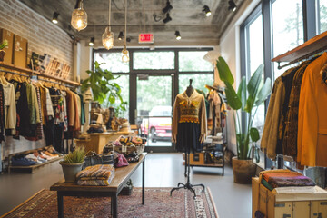 A cozy second-hand boutique, surrounded by racks of vibrant outfits. The scene captures casual shopping in a relaxed, artistic environment.