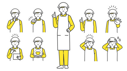 三角巾とエプロンを着用した男性　表情とポーズのバリエーション　セット