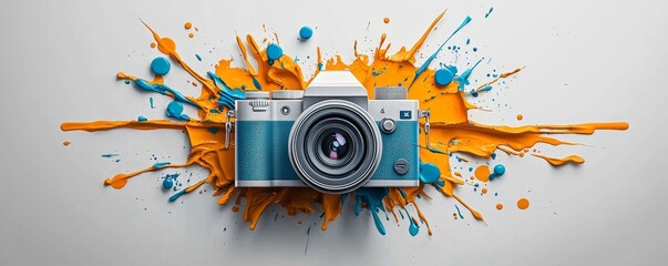Watercolor camera with digital lines and paint splashes, representing the fusion of analog and digital monitoring.