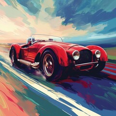 Vibrant Red Classic Roadster in Motion on Scenic Road