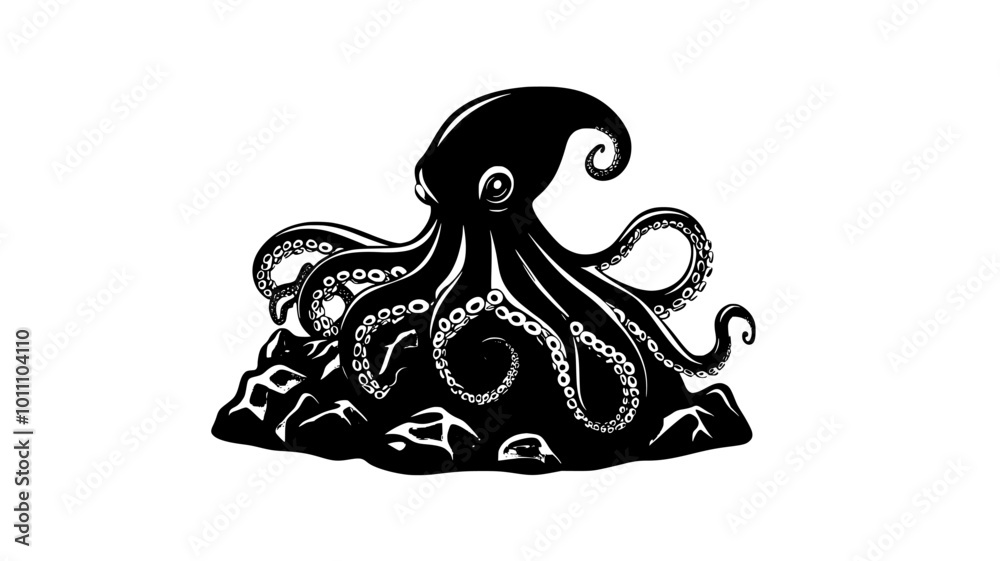 Sticker Octopus on a rocky seabed, body adapting to terrain, vector illustration art