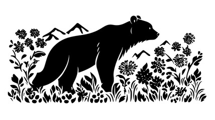 Fototapeta premium Bear foraging for berries in mountain meadow clearing, vector illustration art