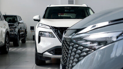 Close-up of advanced car headlight technology in a modern car interior. The sleek design...