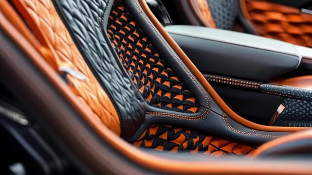 Orange and black leather seating inside a luxury vehicle showcasing the detailed stiching and craftsmanship of the interior