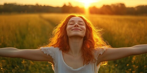 peaceful woman standing in the fields with open arms smiling and enjoying a beautiful moment at sunset in a backlit portrait of joy and contentment