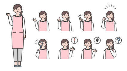 エプロンを着用した女性　表情とポーズのバリエーション　セット